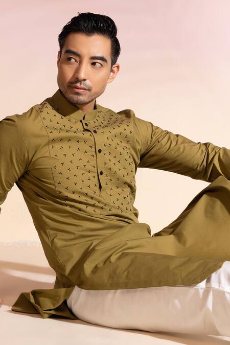 Shop_Seven_Beige Cotton Satin Cut Work Olea Cutdana Placement Embroidered Kurta_Online_at_Aza_Fashions