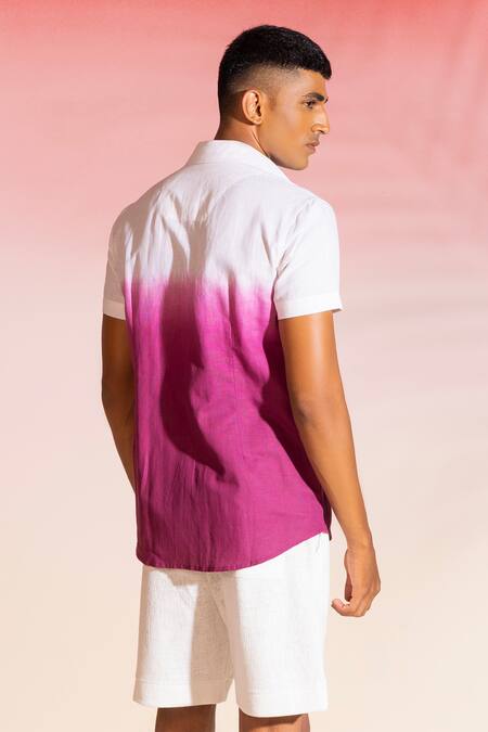 Shop_Seven_White Cotton Sateen Plain Ombre Half Sleeve Shirt _at_Aza_Fashions