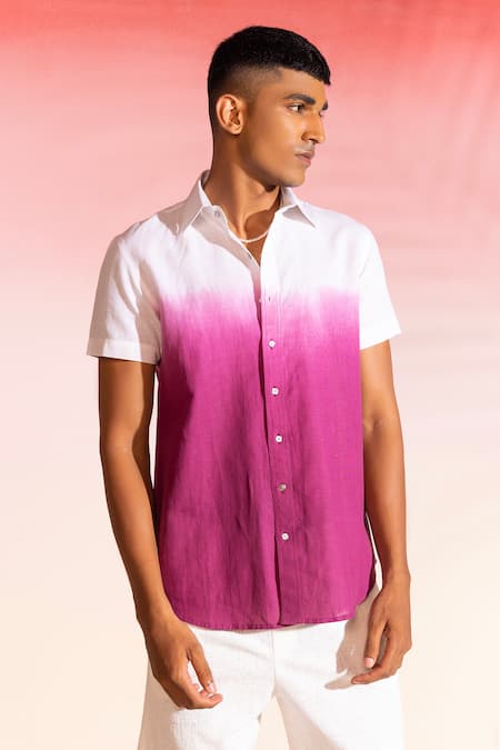 Seven_White Cotton Sateen Plain Ombre Half Sleeve Shirt _Online_at_Aza_Fashions