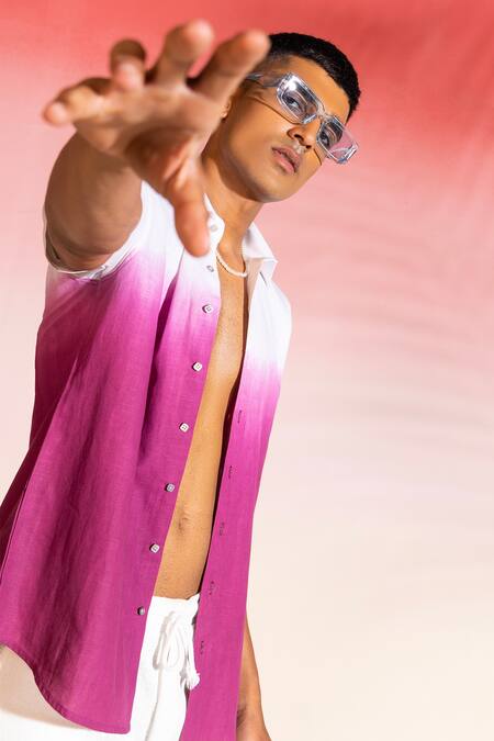 Shop_Seven_White Cotton Sateen Plain Ombre Half Sleeve Shirt _Online_at_Aza_Fashions