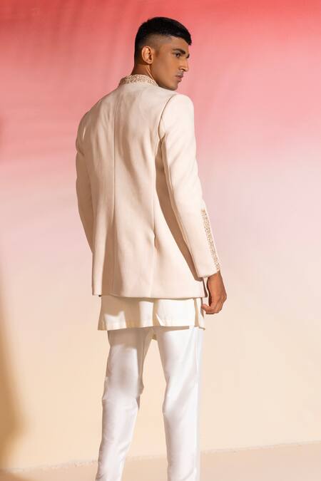 Shop Seven Ivory Cotton, Viscose Embroidery Neckline Bandhgala Set at Aza Fashions Shop_Seven_Ivory Cotton, Viscose Embroidery Neckline Bandhgala Set_at_Aza_Fashions