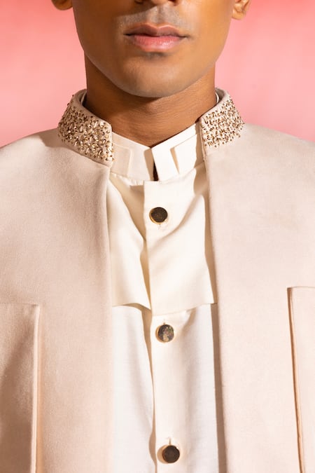 Seven Ivory Cotton, Viscose Embroidery Neckline Bandhgala Set Online at Aza Fashions Seven_Ivory Cotton, Viscose Embroidery Neckline Bandhgala Set_Online_at_Aza_Fashions