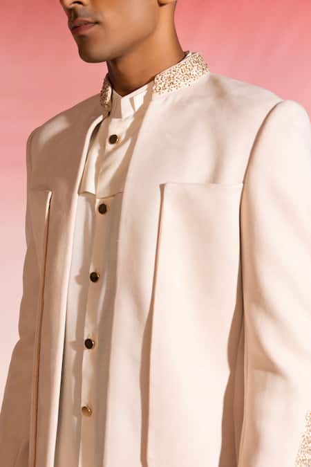 Buy Seven Ivory Cotton, Viscose Embroidery Neckline Bandhgala Set Online at Aza Fashions Buy_Seven_Ivory Cotton, Viscose Embroidery Neckline Bandhgala Set_Online_at_Aza_Fashions