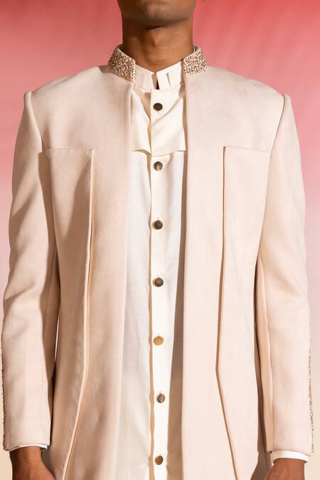 Shop Seven Ivory Cotton, Viscose Embroidery Neckline Bandhgala Set Online at Aza Fashions Shop_Seven_Ivory Cotton, Viscose Embroidery Neckline Bandhgala Set_Online_at_Aza_Fashions