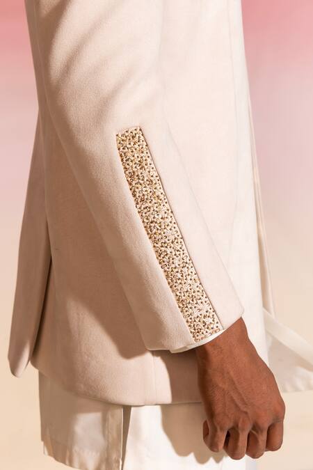 Seven Ivory Cotton, Viscose Embroidery Neckline Bandhgala Set at Aza Fashions Seven_Ivory Cotton, Viscose Embroidery Neckline Bandhgala Set_at_Aza_Fashions