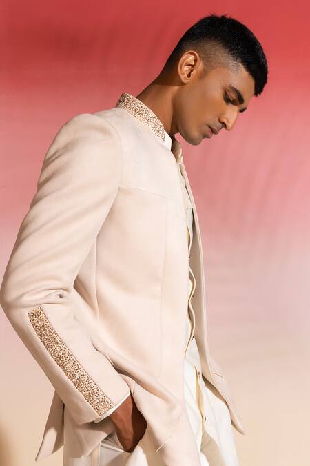 Buy Seven Ivory Cotton, Viscose Embroidery Neckline Bandhgala Set Buy_Seven_Ivory Cotton, Viscose Embroidery Neckline Bandhgala Set