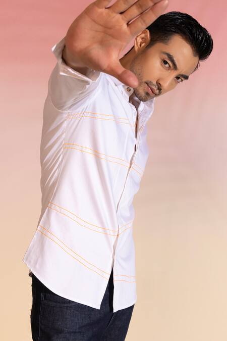 Shop_Seven_White Cotton Satin Embroidery Wave Shirt_Online_at_Aza_Fashions