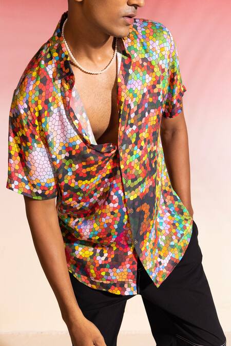 Seven_Multi Color Cotton Satin Pixel Geometric Print Shirt_Online_at_Aza_Fashions