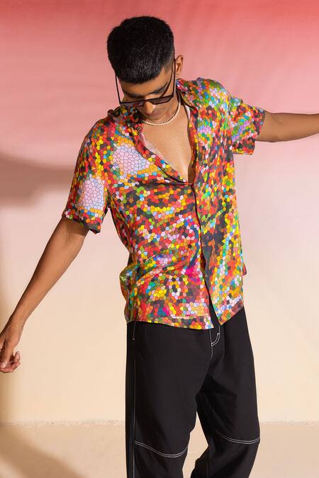 Buy_Seven_Multi Color Cotton Satin Pixel Geometric Print Shirt_Online_at_Aza_Fashions