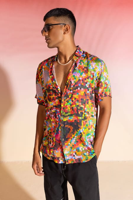 Shop_Seven_Multi Color Cotton Satin Pixel Geometric Print Shirt_Online_at_Aza_Fashions