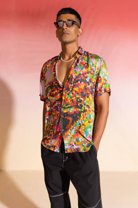 Seven_Multi Color Cotton Satin Pixel Geometric Print Shirt_at_Aza_Fashions