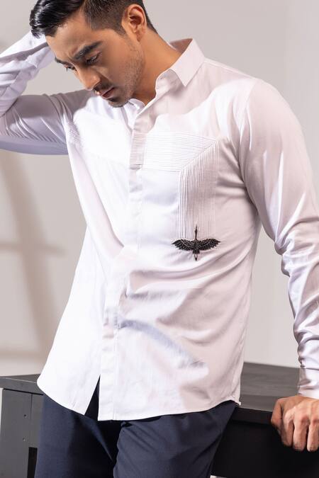 Seven White Cotton Cut Work Pleated Flamingo Embroidered Shirt Online at Aza Fashions Seven_White Cotton Cut Work Pleated Flamingo Embroidered Shirt_Online_at_Aza_Fashions