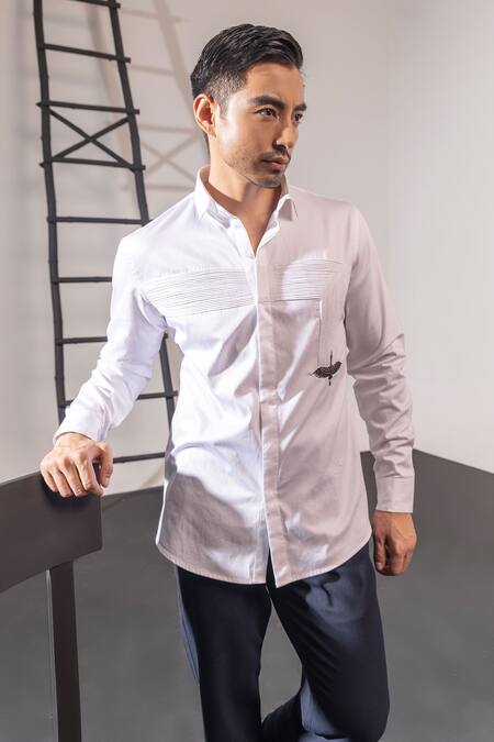 Buy Seven White Cotton Cut Work Pleated Flamingo Embroidered Shirt Online at Aza Fashions Buy_Seven_White Cotton Cut Work Pleated Flamingo Embroidered Shirt_Online_at_Aza_Fashions