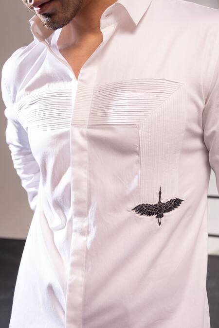Shop Seven White Cotton Cut Work Pleated Flamingo Embroidered Shirt Online at Aza Fashions Shop_Seven_White Cotton Cut Work Pleated Flamingo Embroidered Shirt_Online_at_Aza_Fashions