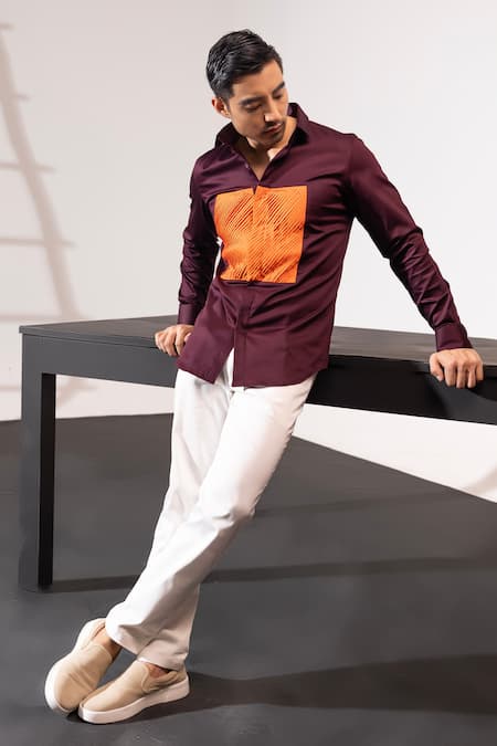 Shop_Seven_Brown Cotton Pleated Play Colorblock Shirt_at_Aza_Fashions