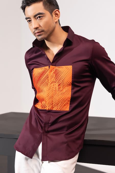 Seven_Brown Cotton Pleated Play Colorblock Shirt_Online_at_Aza_Fashions