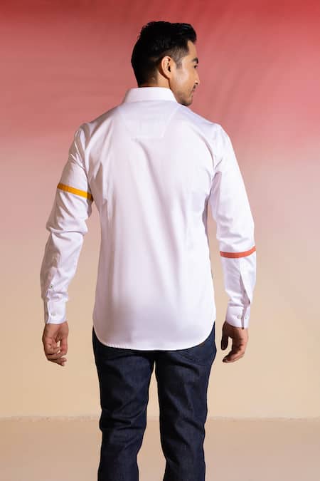 Shop_Seven_White Cotton Satin Embroidery Polychromatic Stripe Shirt_at_Aza_Fashions