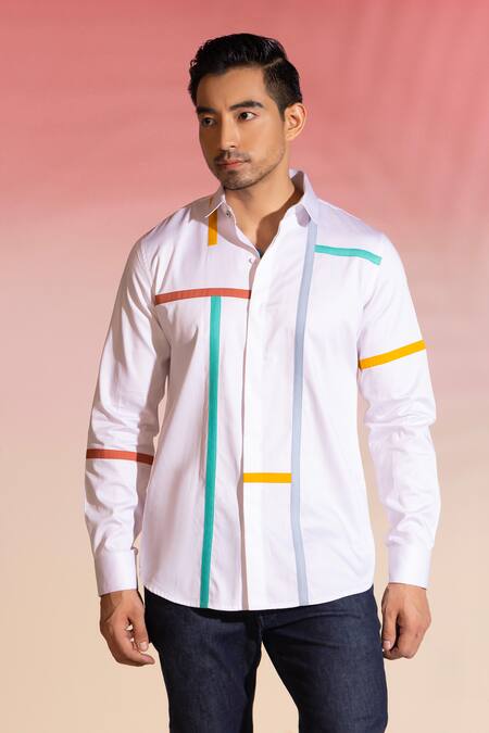 Seven_White Cotton Satin Embroidery Polychromatic Stripe Shirt_Online_at_Aza_Fashions