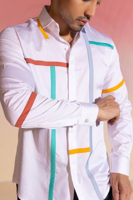 Buy_Seven_White Cotton Satin Embroidery Polychromatic Stripe Shirt_Online_at_Aza_Fashions
