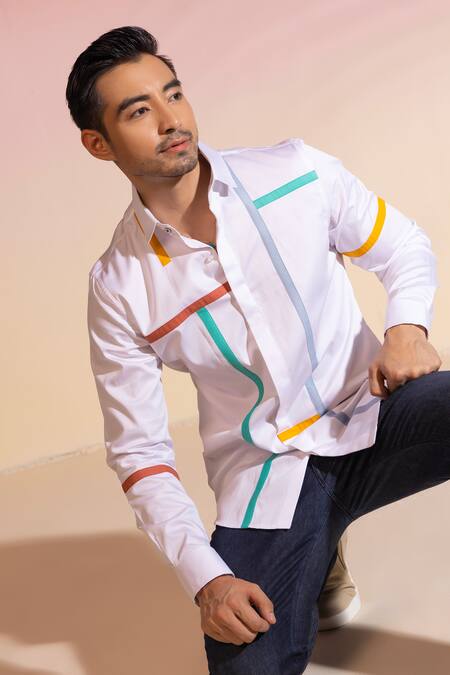 Shop_Seven_White Cotton Satin Embroidery Polychromatic Stripe Shirt_Online_at_Aza_Fashions
