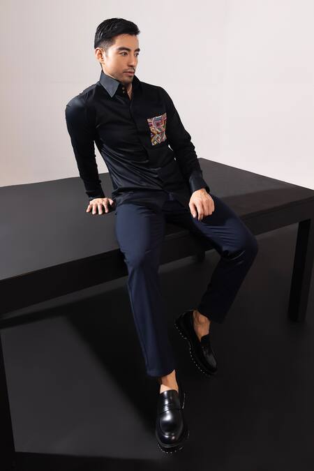 Shop Seven Black Cotton Embroidery Prismatik Patchwork Shirt at Aza Fashions Shop_Seven_Black Cotton Embroidery Prismatik Patchwork Shirt_at_Aza_Fashions