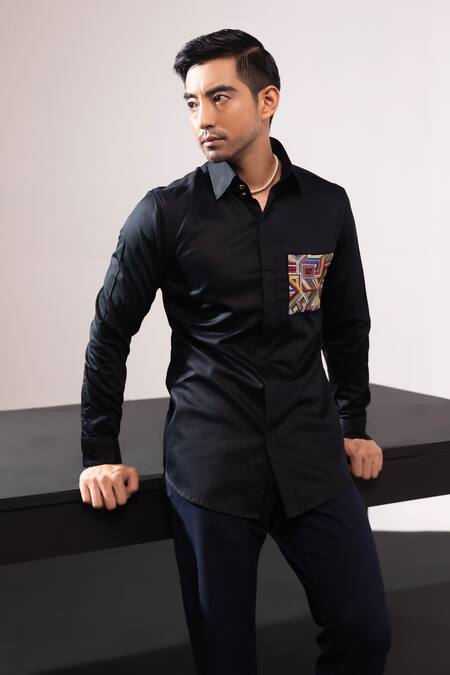 Seven Black Cotton Embroidery Prismatik Patchwork Shirt Online at Aza Fashions Seven_Black Cotton Embroidery Prismatik Patchwork Shirt_Online_at_Aza_Fashions