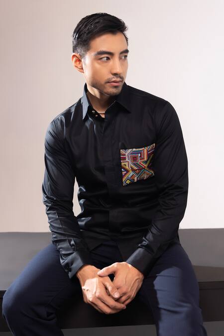 Buy Seven Black Cotton Embroidery Prismatik Patchwork Shirt Online at Aza Fashions Buy_Seven_Black Cotton Embroidery Prismatik Patchwork Shirt_Online_at_Aza_Fashions