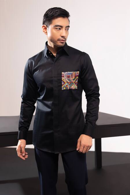 Shop Seven Black Cotton Embroidery Prismatik Patchwork Shirt Online at Aza Fashions Shop_Seven_Black Cotton Embroidery Prismatik Patchwork Shirt_Online_at_Aza_Fashions