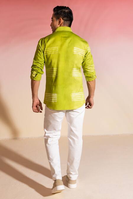 Shop Seven Green Cotton Satin Embroidery Shibori Stripe Shirt at Aza Fashions Shop_Seven_Green Cotton Satin Embroidery Shibori Stripe Shirt_at_Aza_Fashions