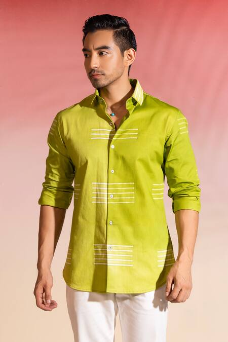 Seven Green Cotton Satin Embroidery Shibori Stripe Shirt Online at Aza Fashions Seven_Green Cotton Satin Embroidery Shibori Stripe Shirt_Online_at_Aza_Fashions