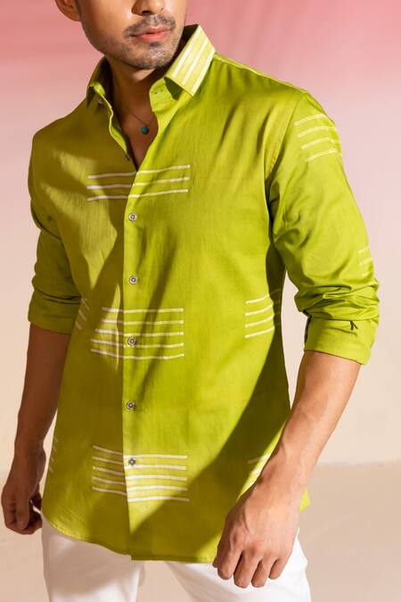 Buy Seven Green Cotton Satin Embroidery Shibori Stripe Shirt Online at Aza Fashions Buy_Seven_Green Cotton Satin Embroidery Shibori Stripe Shirt_Online_at_Aza_Fashions