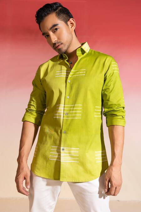 Shop Seven Green Cotton Satin Embroidery Shibori Stripe Shirt Online at Aza Fashions Shop_Seven_Green Cotton Satin Embroidery Shibori Stripe Shirt_Online_at_Aza_Fashions