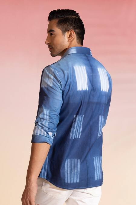 Shop Seven Blue Cotton Satin Embroidery Shibori Geometric Shirt at Aza Fashions Shop_Seven_Blue Cotton Satin Embroidery Shibori Geometric Shirt_at_Aza_Fashions