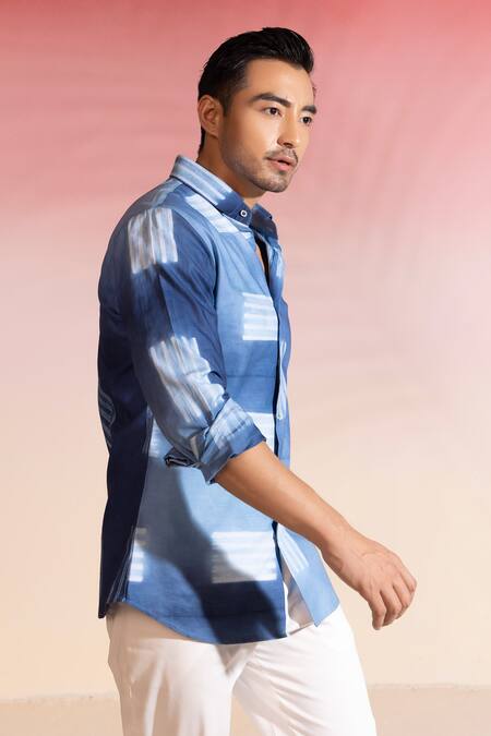 Seven Blue Cotton Satin Embroidery Shibori Geometric Shirt Online at Aza Fashions Seven_Blue Cotton Satin Embroidery Shibori Geometric Shirt_Online_at_Aza_Fashions