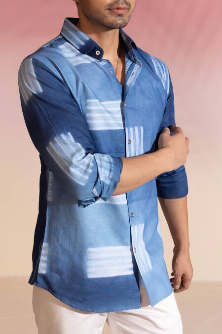 Buy Seven Blue Cotton Satin Embroidery Shibori Geometric Shirt Online at Aza Fashions Buy_Seven_Blue Cotton Satin Embroidery Shibori Geometric Shirt_Online_at_Aza_Fashions