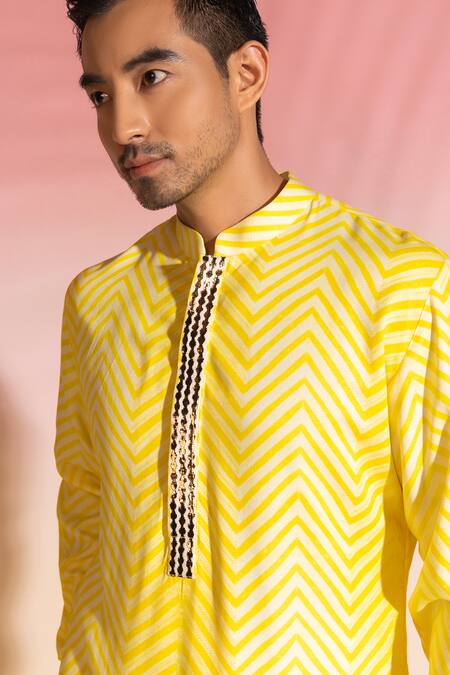 Seven Yellow Cotton, Silk Shibori Chevron Print Kurta Set Online at Aza Fashions Seven_Yellow Cotton, Silk Shibori Chevron Print Kurta Set_Online_at_Aza_Fashions