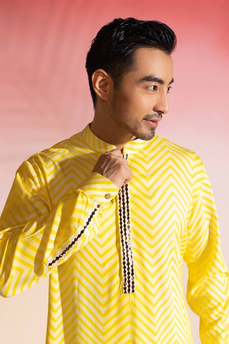 Shop Seven Yellow Cotton, Silk Shibori Chevron Print Kurta Set Online at Aza Fashions Shop_Seven_Yellow Cotton, Silk Shibori Chevron Print Kurta Set_Online_at_Aza_Fashions