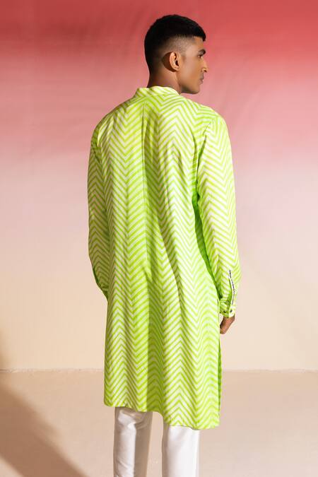 Shop Seven Green Cotton, Silk Shibori Chevron Pattern Kurta Set at Aza Fashions Shop_Seven_Green Cotton, Silk Shibori Chevron Pattern Kurta Set_at_Aza_Fashions