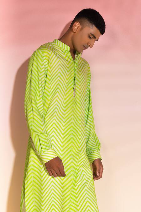 Shop Seven Green Cotton, Silk Shibori Chevron Pattern Kurta Set Online at Aza Fashions Shop_Seven_Green Cotton, Silk Shibori Chevron Pattern Kurta Set_Online_at_Aza_Fashions