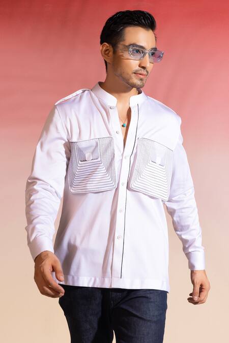 Buy_Seven_White Cotton Satin Piping Shiro Concentric Pattern_Online_at_Aza_Fashions