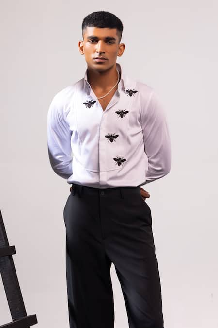 Shop Seven White Cotton Embroidery So Much Buzz Shirt at Aza Fashions Shop_Seven_White Cotton Embroidery So Much Buzz Shirt_at_Aza_Fashions
