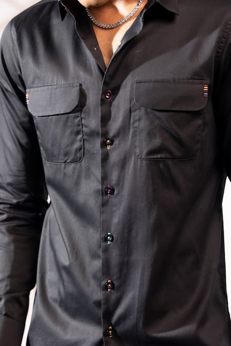 Buy_Seven_Black Cotton Embroidery Thread Solid Tab Shirt _Online_at_Aza_Fashions