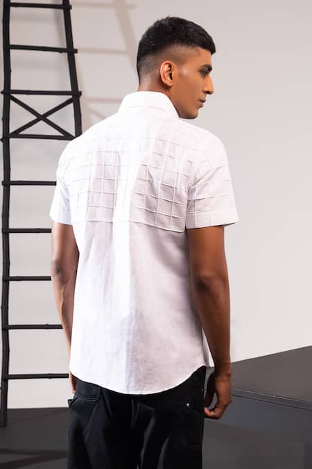 Shop_Seven_White Cotton Pintucked Boxed Linen Crest Shirt _at_Aza_Fashions