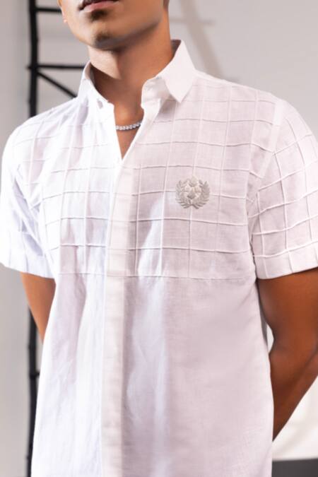 Seven_White Cotton Pintucked Boxed Linen Crest Shirt _Online_at_Aza_Fashions