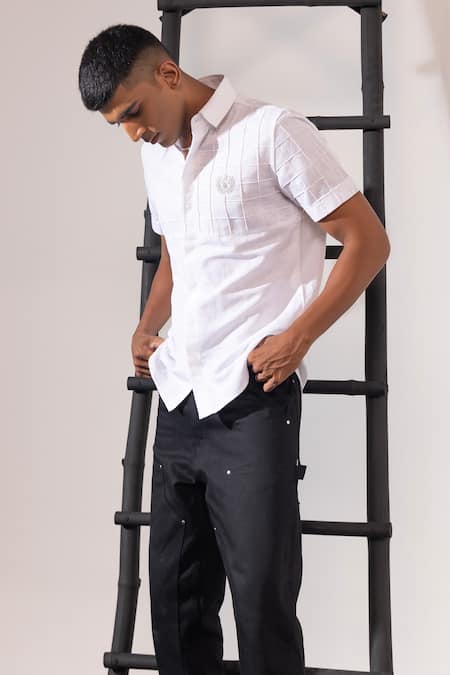 Buy_Seven_White Cotton Pintucked Boxed Linen Crest Shirt _Online_at_Aza_Fashions