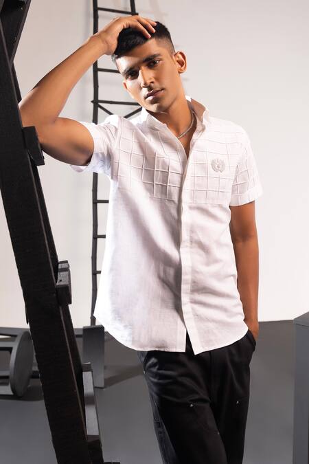 Shop_Seven_White Cotton Pintucked Boxed Linen Crest Shirt _Online_at_Aza_Fashions