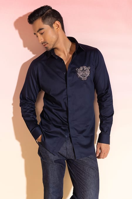 Shop Seven Blue Cotton Satin Embroidery Embellished Tiger Applique Shirt at Aza Fashions Shop_Seven_Blue Cotton Satin Embroidery Embellished Tiger Applique Shirt_at_Aza_Fashions