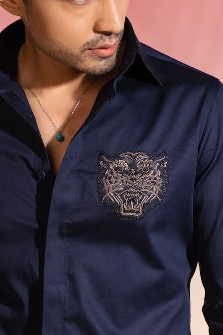 Seven Blue Cotton Satin Embroidery Embellished Tiger Applique Shirt Online at Aza Fashions Seven_Blue Cotton Satin Embroidery Embellished Tiger Applique Shirt_Online_at_Aza_Fashions
