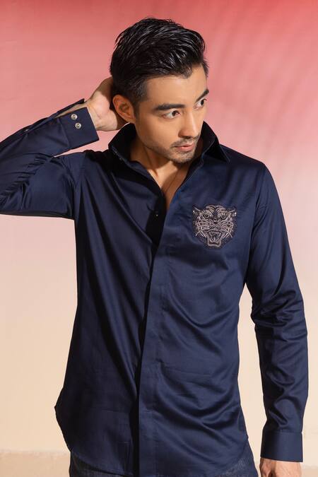 Buy Seven Blue Cotton Satin Embroidery Embellished Tiger Applique Shirt Online at Aza Fashions Buy_Seven_Blue Cotton Satin Embroidery Embellished Tiger Applique Shirt_Online_at_Aza_Fashions