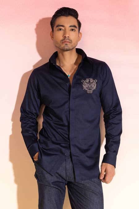 Shop Seven Blue Cotton Satin Embroidery Embellished Tiger Applique Shirt Online at Aza Fashions Shop_Seven_Blue Cotton Satin Embroidery Embellished Tiger Applique Shirt_Online_at_Aza_Fashions